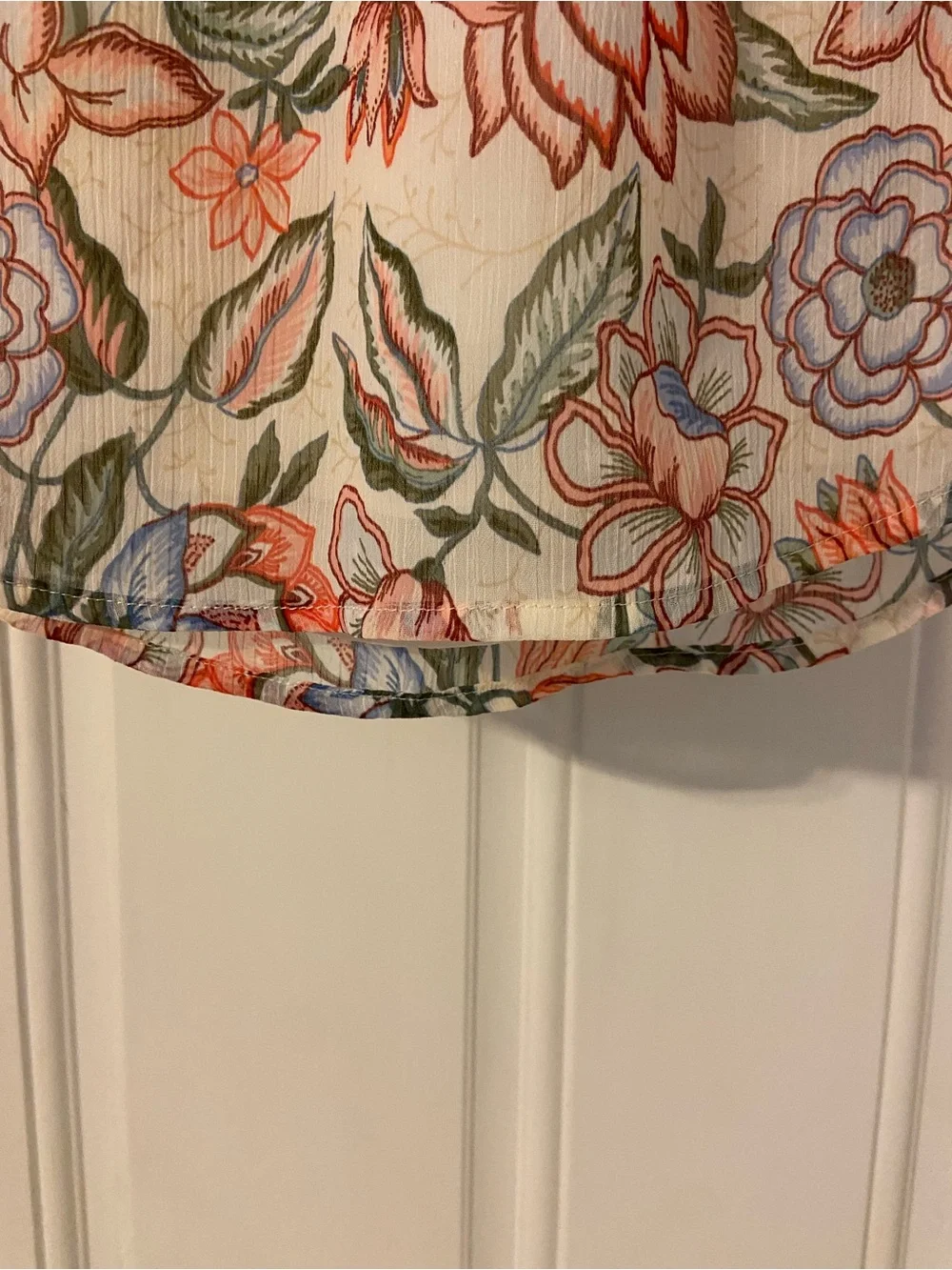 LOFT Floral Puff Short Sleeve Blouse Ruffle Mock Neck Keyhole Back